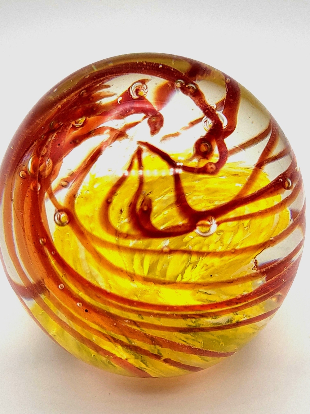 Art Glass Paperweight Yellow and Red-Orange Swirl Bubble Design 2.5”